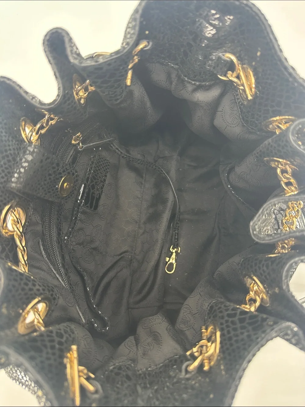 Michael Kors Black Patent Snakeskin-Textured Drawstring Shoulder Bag